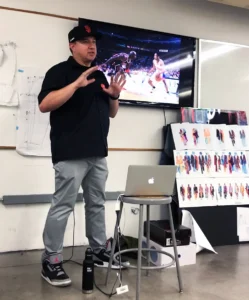 Nick Engvall presenting to the footwear design students at California College of the Arts.
