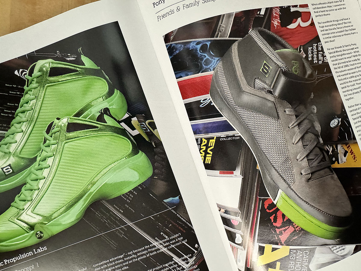 The green Athletic Propulsion Labs concept on the left page beside the grey Pony Friends and Family Special Blend on the right, both Sole Collector collaborations, each photographed over a grid of back issues.