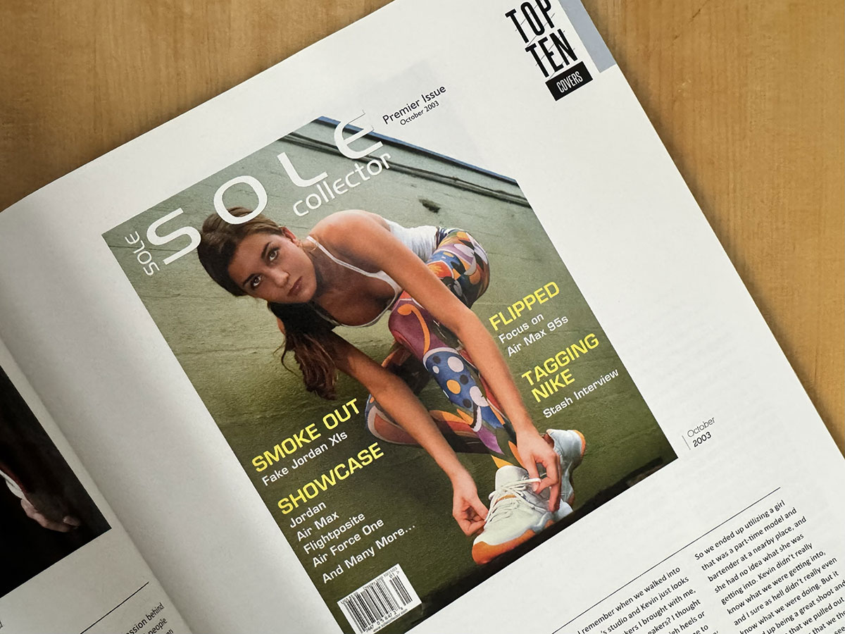 The Sole Collector premier issue cover dated October 2003, reprinted inside the 10th anniversary issue as part of the Top Ten Covers feature, with cover lines reading Smoke Out, Showcase, Flipped and Tagging Nike.