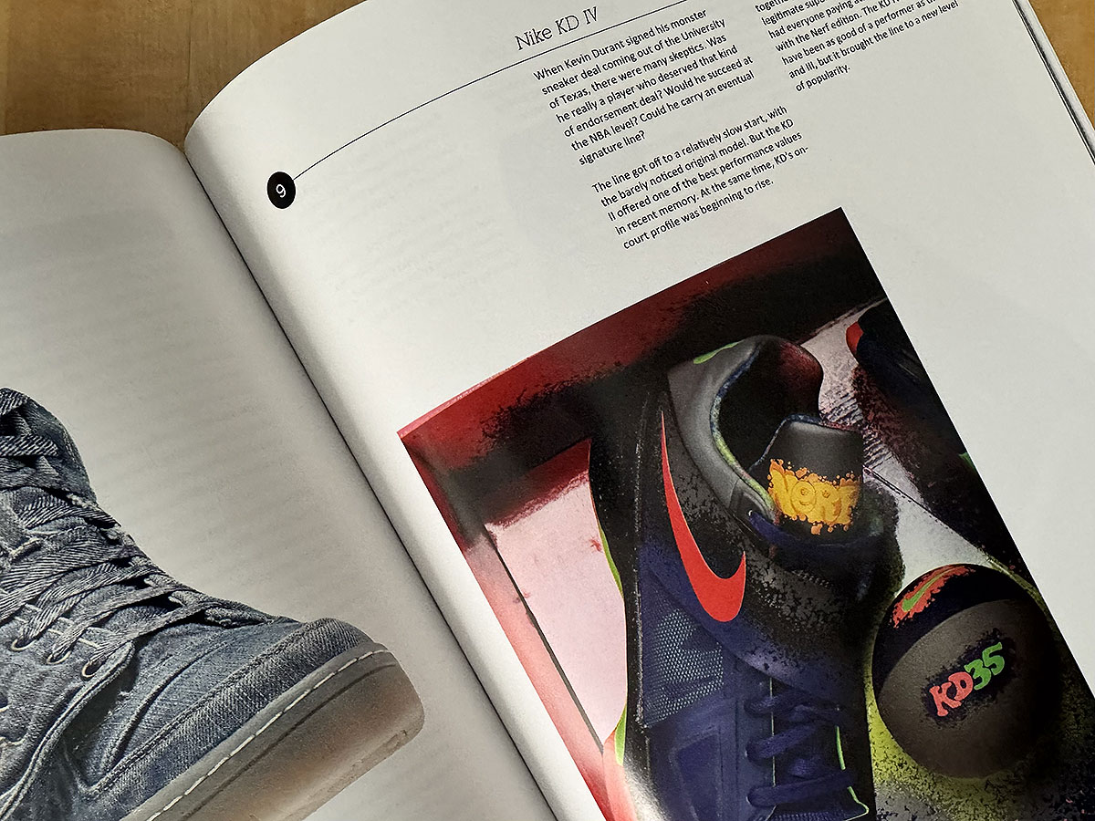 The Nike KD 4 Nerf photographed at number nine in the anniversary issue countdown, with a worn denim high top resting on the facing page holding the magazine open.