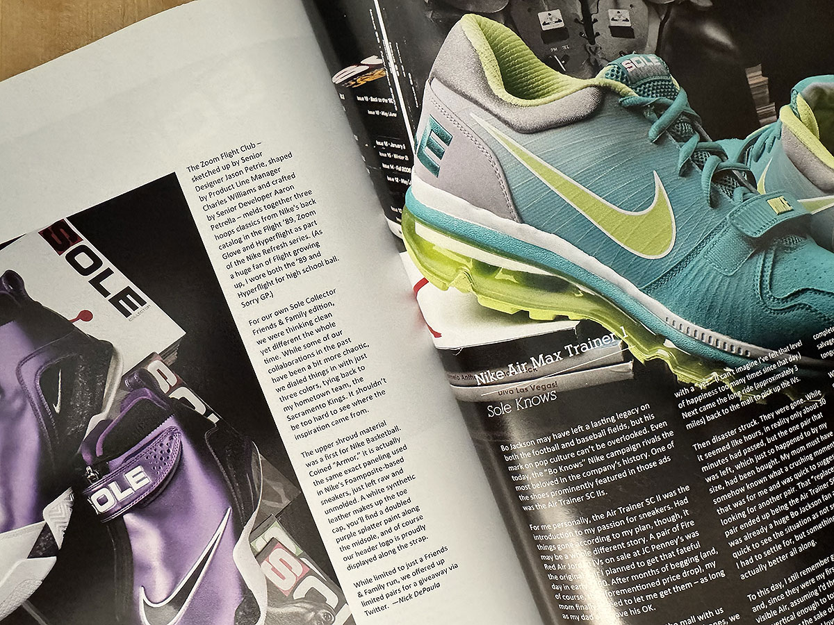 The Sole Collector x Nike Zoom Flight Club in purple on the left page beside the Nike Air Max Trainer 1 in teal and volt on the right, from the 10th anniversary issue.
