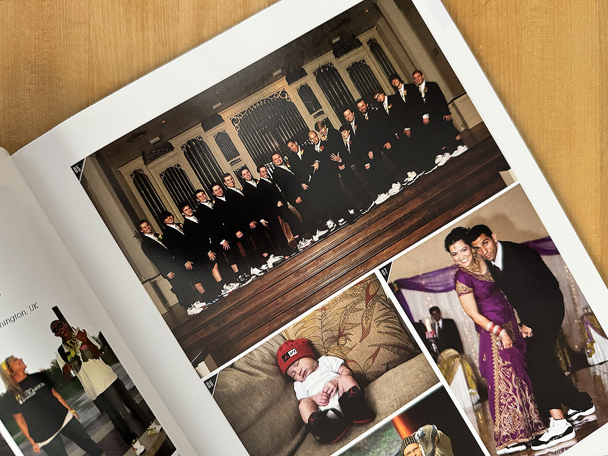 The Sole Shots reader photo section in the 10th anniversary issue, showing a line of groomsmen in tuxedos and sneakers, a newborn in a Jordan beanie and booties, and a couple at a wedding wearing Concord 11s.