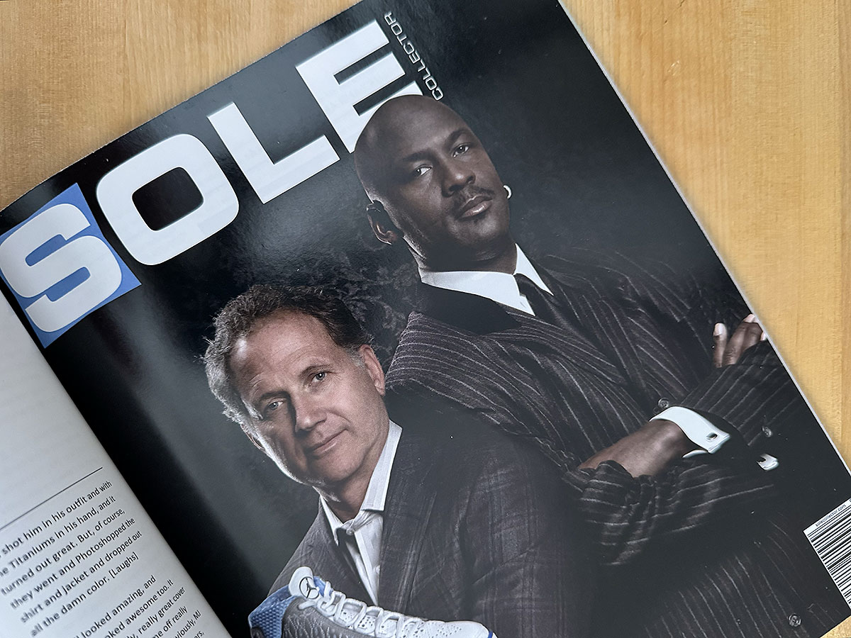 Michael Jordan and Tinker Hatfield photographed together for a Sole Collector cover, reprinted in the 10th anniversary issue with the Air Jordan 23 in the foreground.