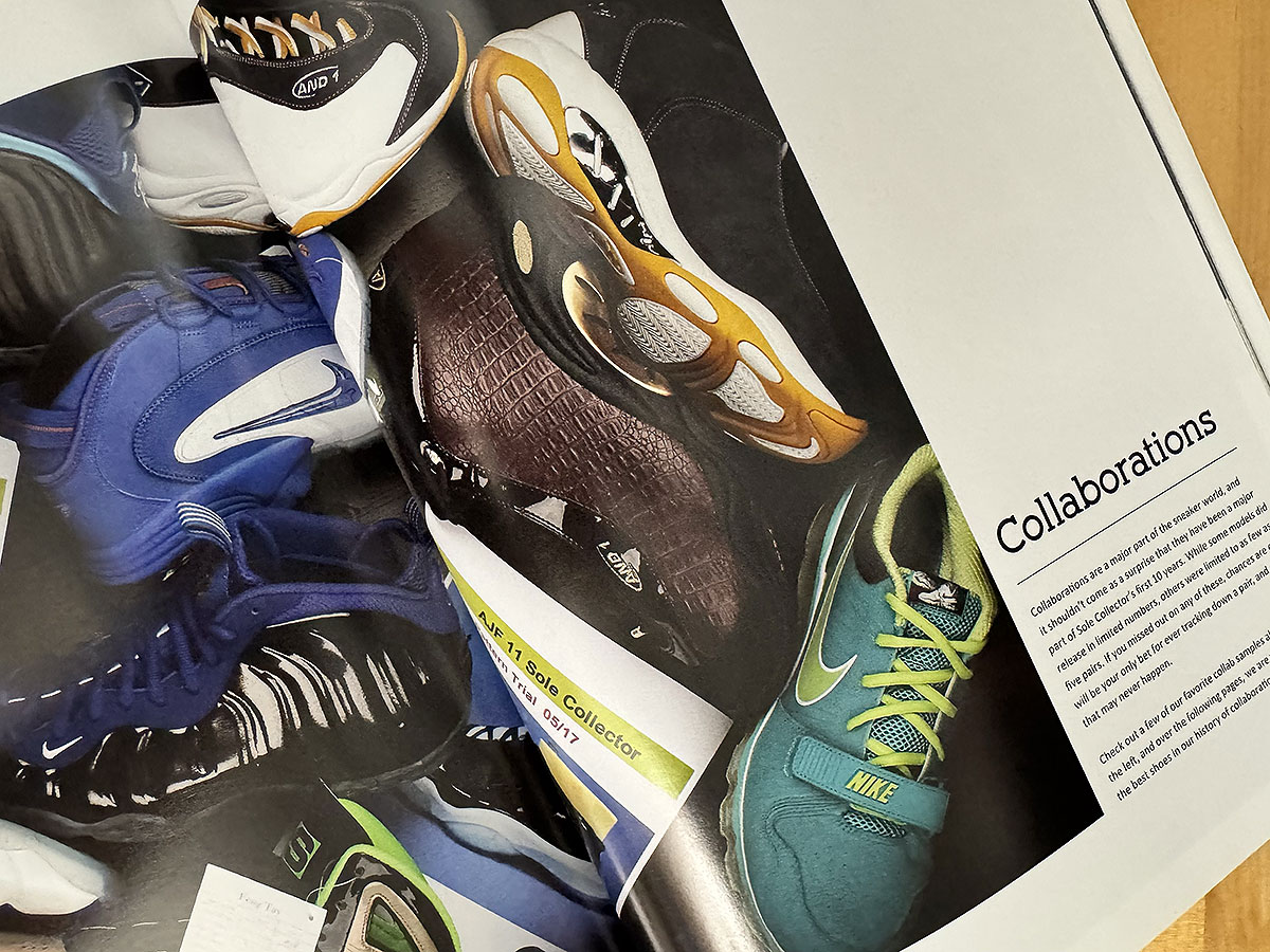 The Collaborations chapter opener in the Sole Collector 10th anniversary issue, showing collaboration samples piled together including an And 1 model, a purple Nike Foamposite and a teal trainer, some still carrying factory sample tags.